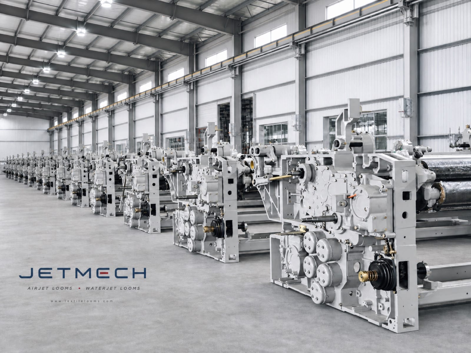 Beş yan hava tanklı beyaz MG9200 Max tezgâh şaseleri ve JETMECH logosu